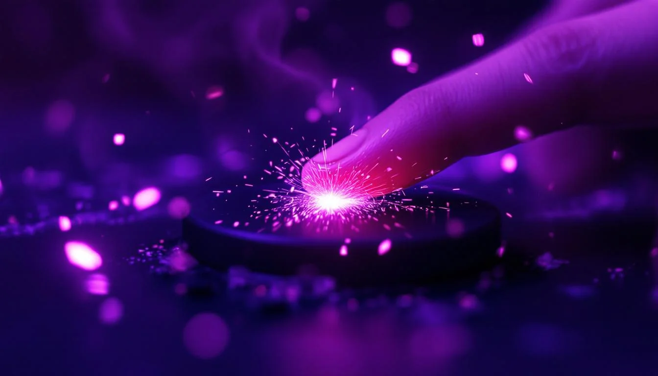Finger dragging across a mouse button with violet sparks — drag click CPS test