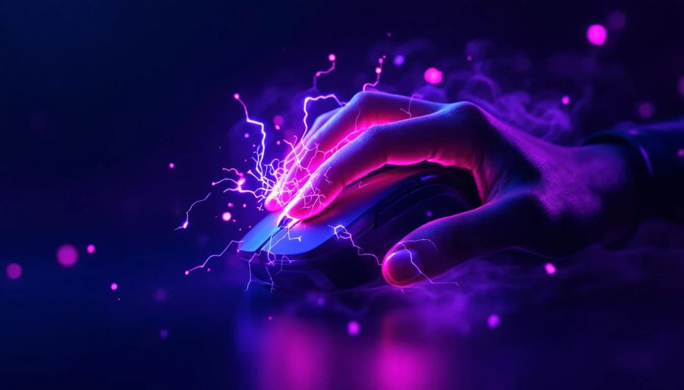 Hand gripping a mouse with motion-blurred jitter trembling — jitter CPS test