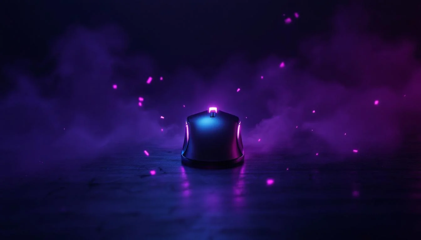 Gaming mouse on a desk with pixelated cube background — Kohi CPS test