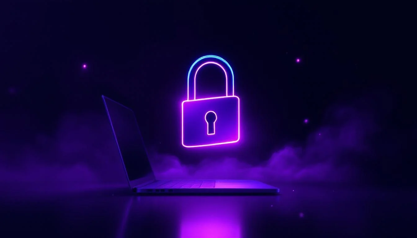 Open violet padlock floating above a laptop silhouette — CPS test unblocked