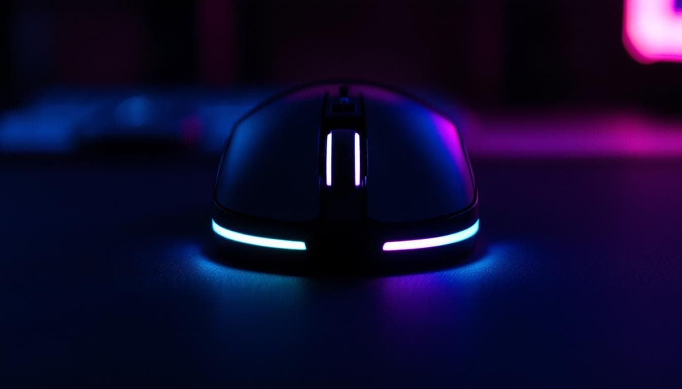 Front view of a black gaming mouse with cyan and violet RGB underglow — butterfly CPS test on cpstest.site