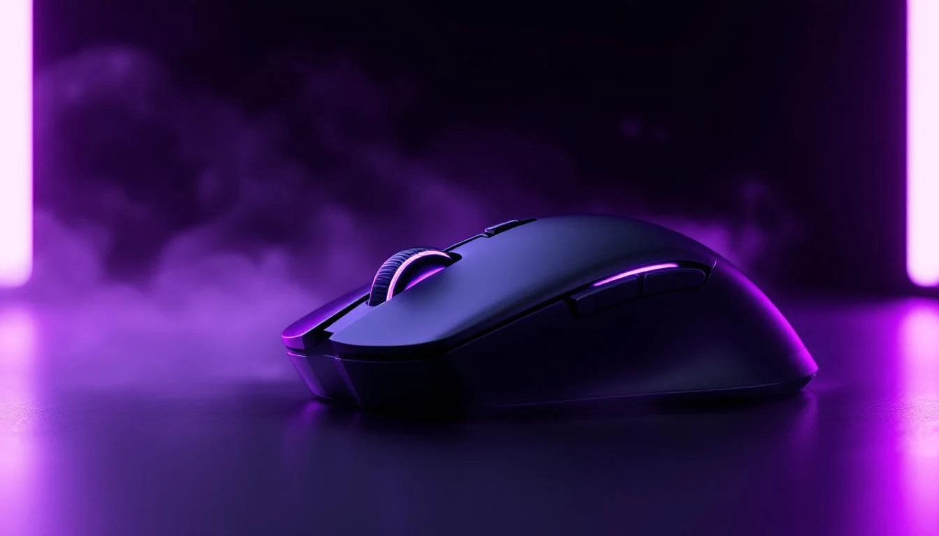 Sleek matte-black gaming mouse glowing under neon violet light — drag click test on cpstest.site