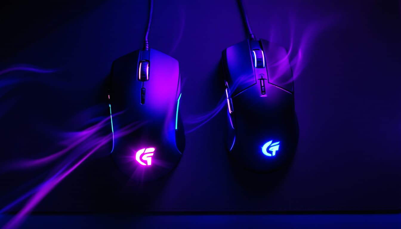 Two black gaming mice side by side under neon violet light, the left one showing motion-blur click streaks — click techniques on cpstest.site