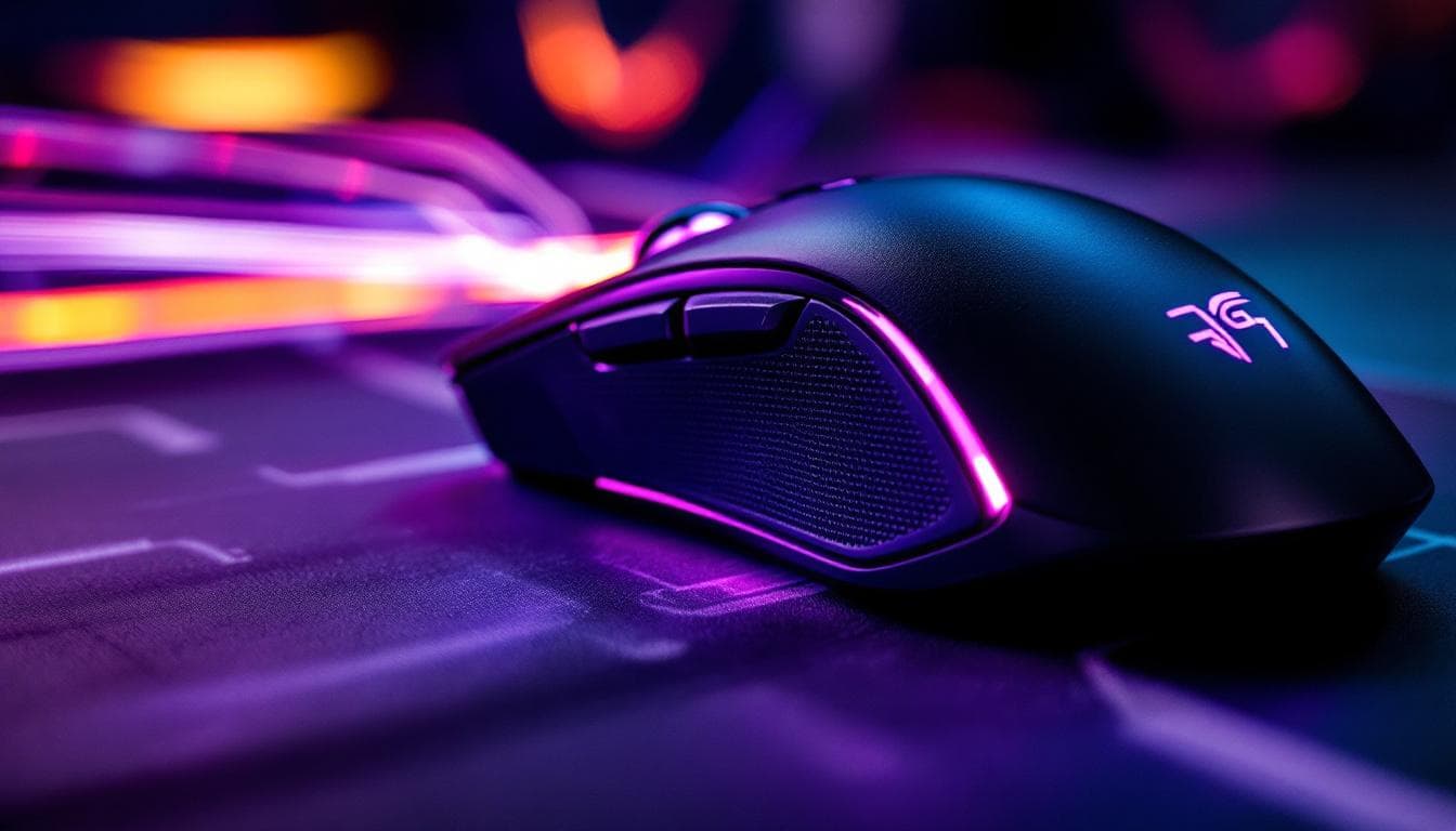 Gaming mouse with violet motion-blur light trails — jitter CPS test on cpstest.site
