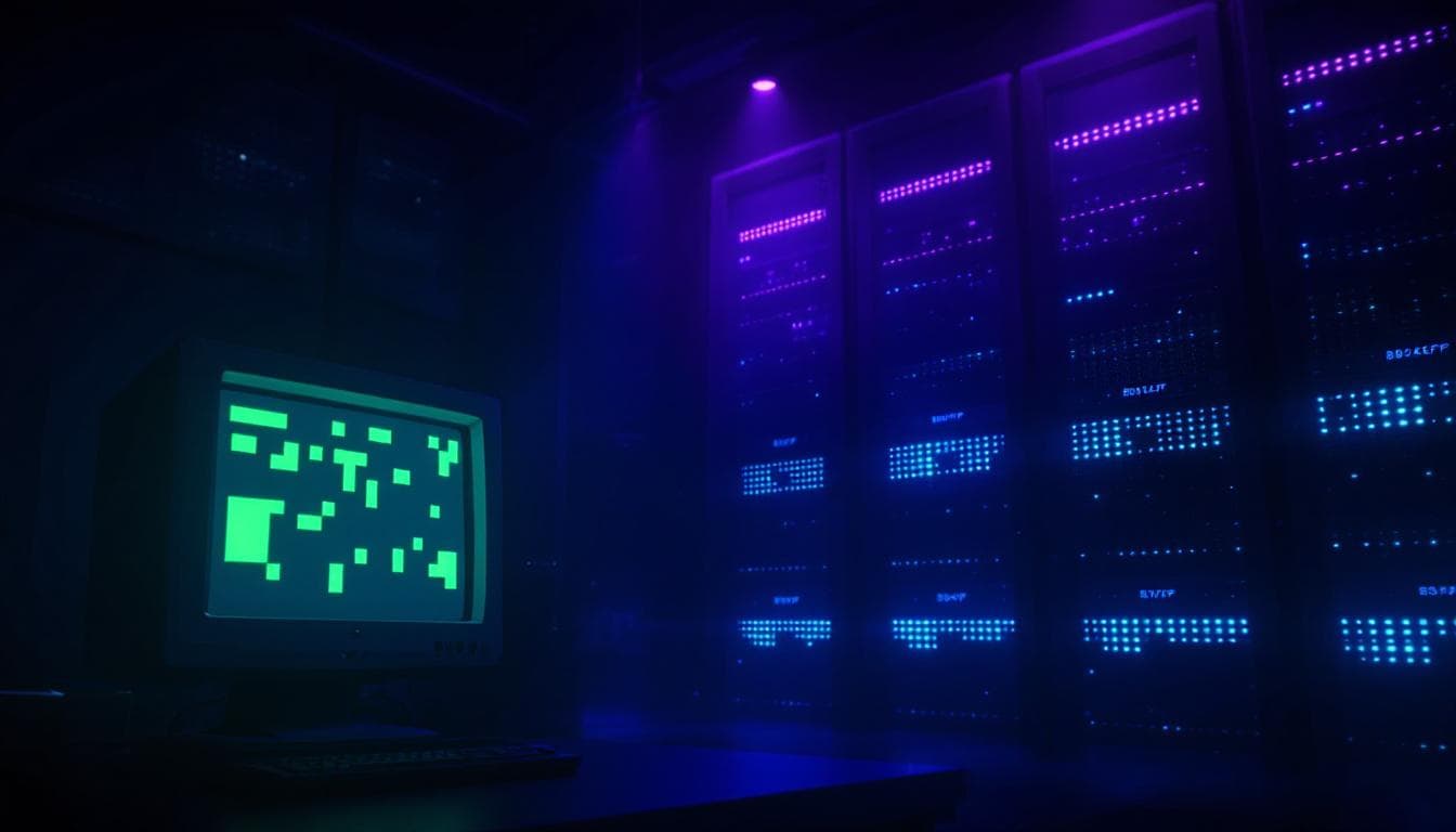 Retro server room with neon violet RGB and a CRT monitor showing pixel UI — Kohi CPS test on cpstest.site
