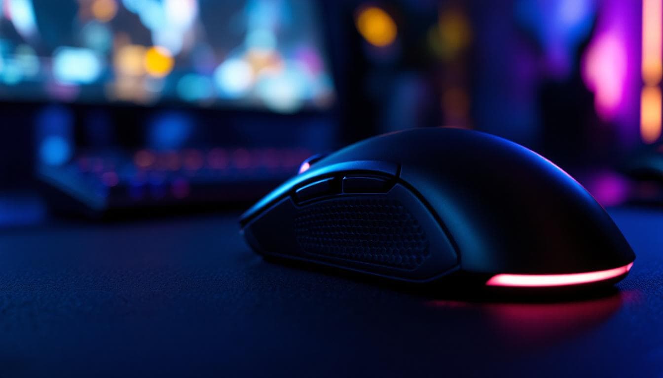 Gaming mouse lit by neon violet under low ambient lighting — right click CPS test on cpstest.site