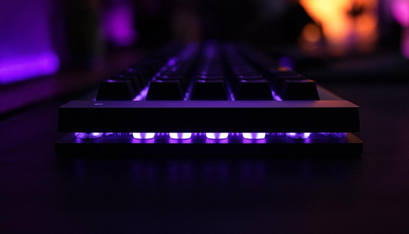 Mechanical gaming keyboard with neon violet RGB underglow — spacebar CPS test on cpstest.site