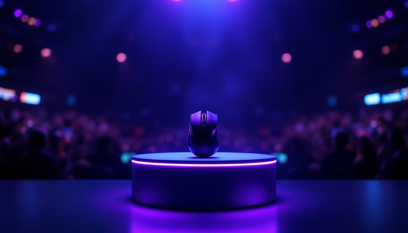 A single black gaming mouse spotlit on a podium under neon violet light — the CPS world record framing on cpstest.site